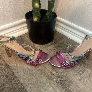 Kurt Geiger Multicolor Strappy Heels. With Rhinestone Accents.